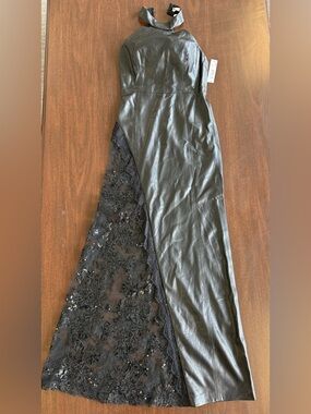 Alice + Olivia Black Vegan Leather Halter Maxi Dress with See-through Lace Panel